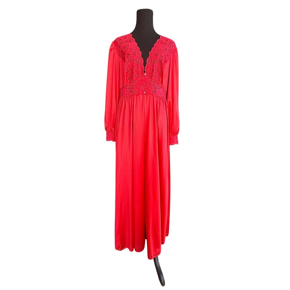 Shadowline Nylon & Lace Button Down Robe red Pleats Puff Sleeve Goth Duster Sz L